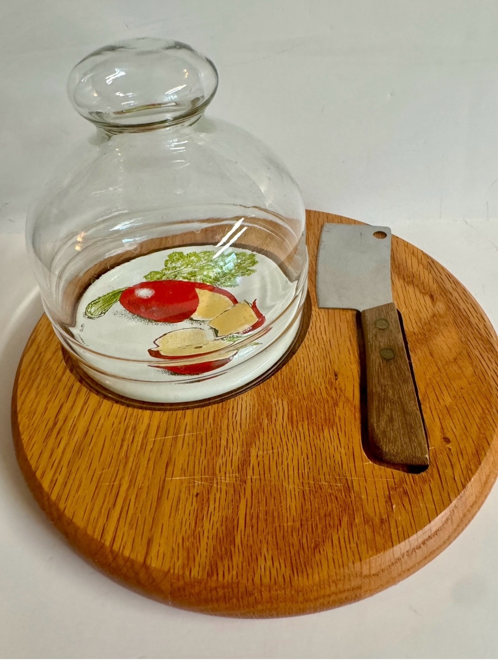 Vintage 70s Goodwood Cheese Dome with Decorative Plate Woodboard.Fall Decor